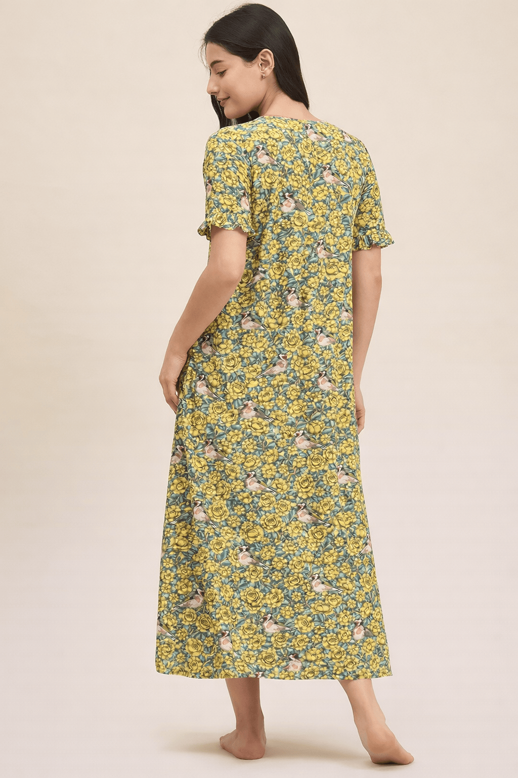 The Kaftan Company Nightdress Yellow Floral Print Modal Nightdress with Pintuck