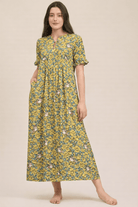The Kaftan Company Nightdress Yellow Floral Print Modal Nightdress with Pintuck