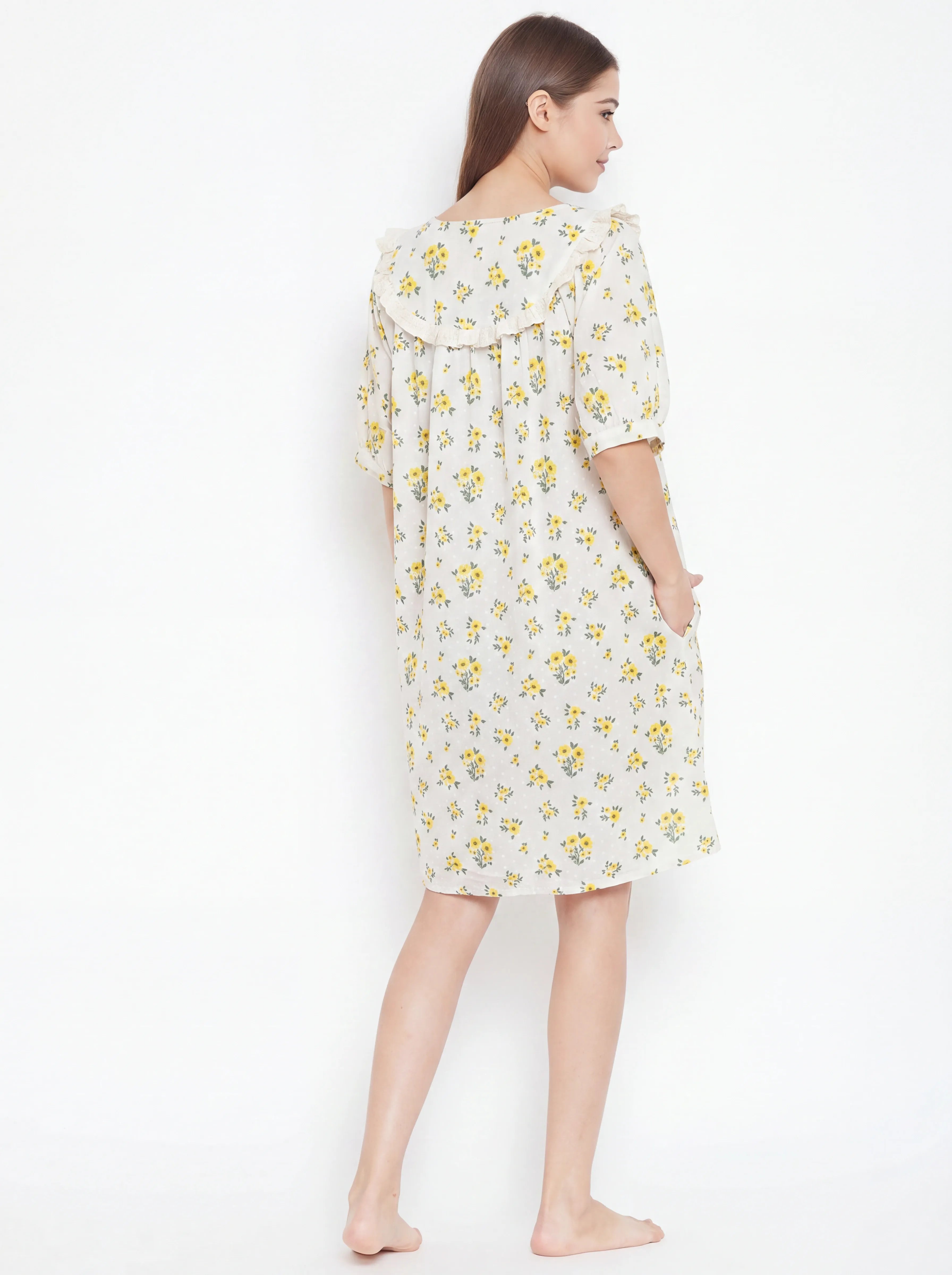 The Kaftan Company Nightdress Yellow Floral Short Cotton Nightdress