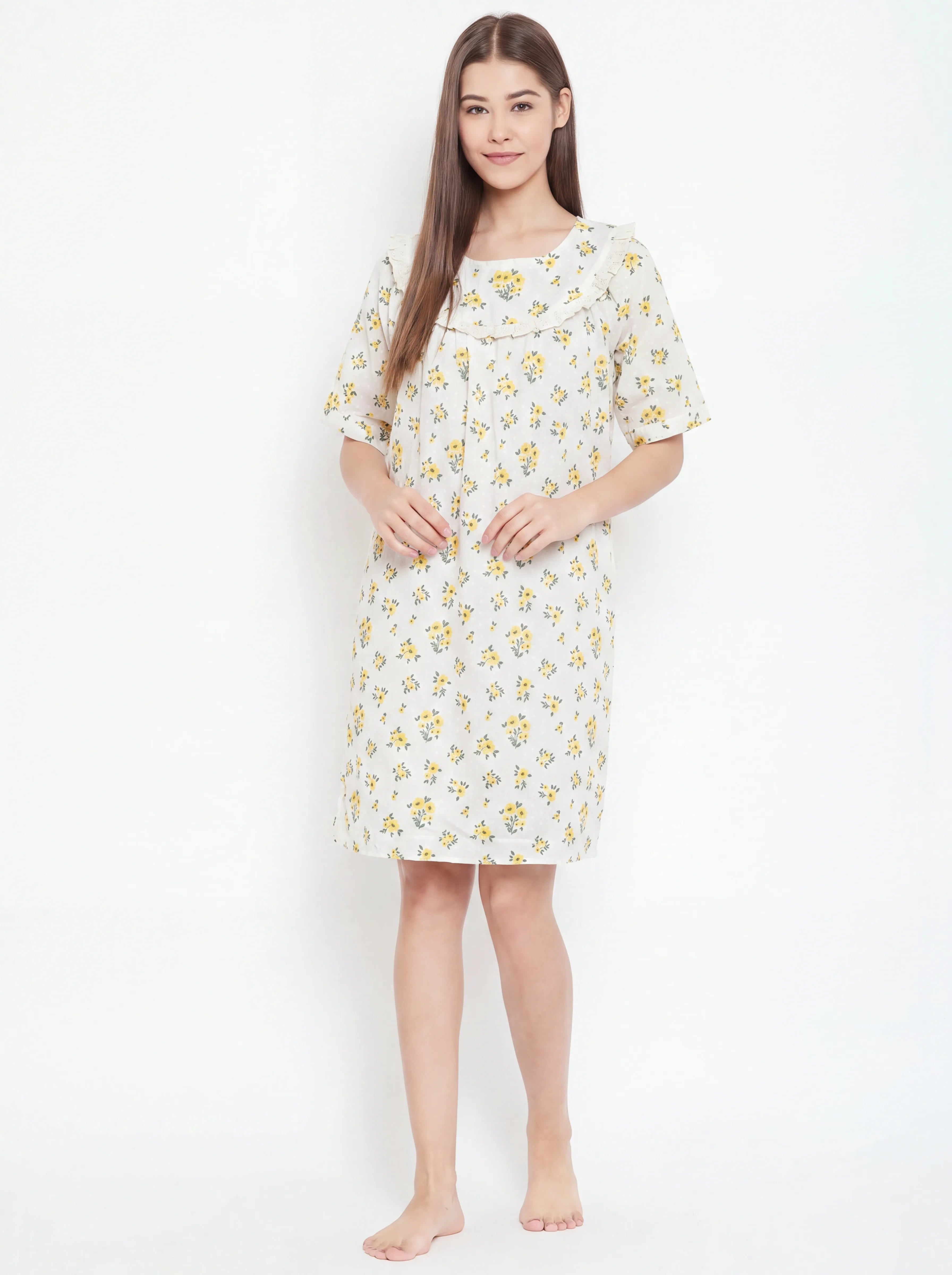 The Kaftan Company Nightdress Yellow Floral Short Cotton Nightdress