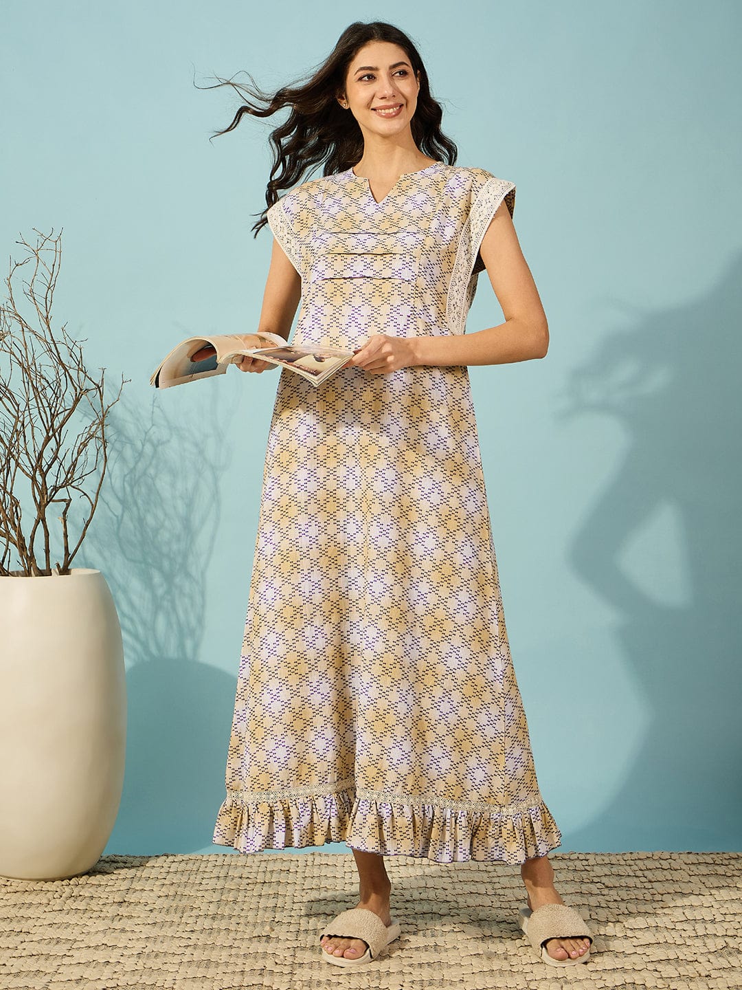The Kaftan Company Nightdress Yellow Hatch Stitch Cotton Night Dress