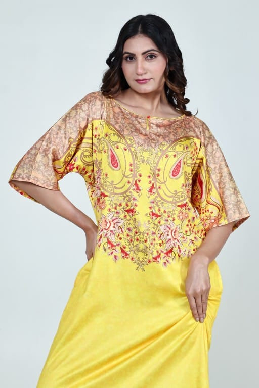 The Kaftan Company Nightdress Yellow Ombre Printed Satin Nightdress with Pockets