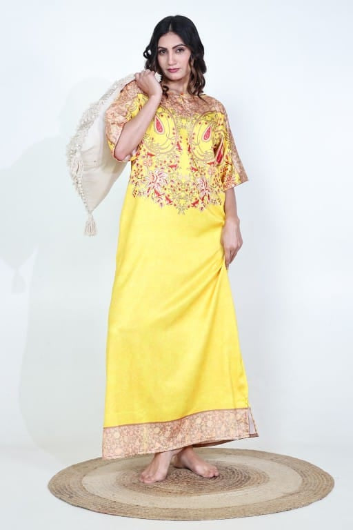 The Kaftan Company Nightdress Yellow Ombre Printed Satin Nightdress with Pockets