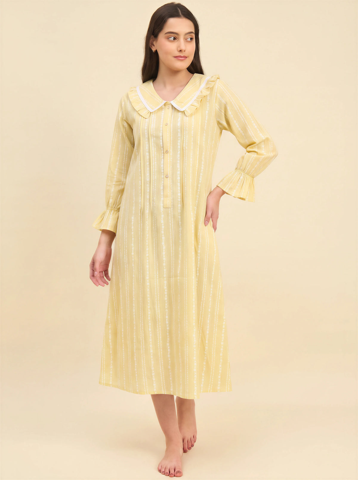 The Kaftan Company Nightdress Yellow Striped Nightdress with Ruffle Collar