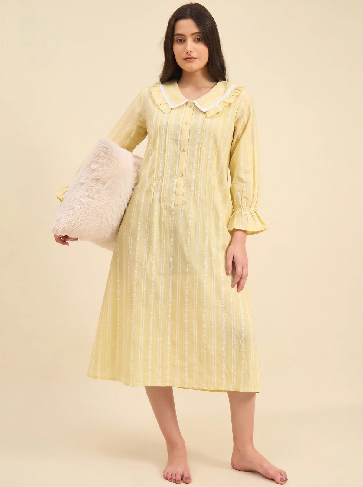 The Kaftan Company Nightdress Yellow Striped Nightdress with Ruffle Collar