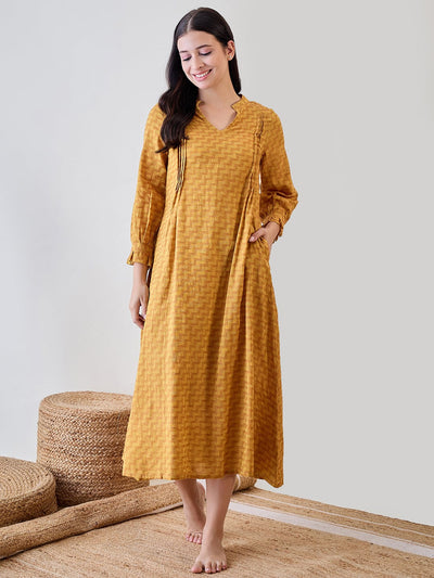 The Kaftan Company Nightdress Yellow  Zig Zag Printed Cotton Nightdress