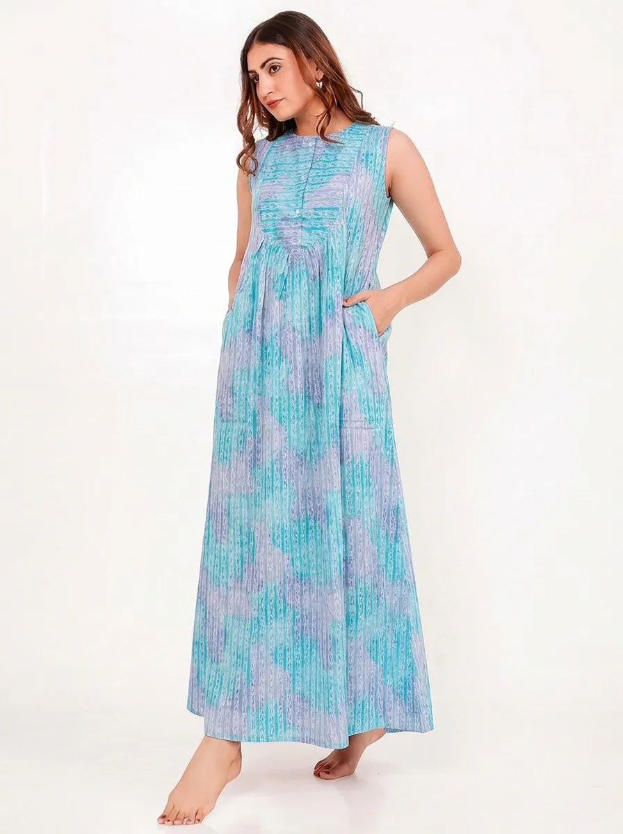 The Kaftan Company Nightwear Blue Watercolour Print Cotton Nightdress