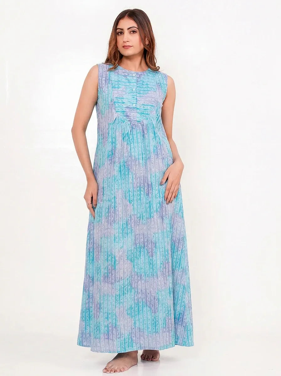 The Kaftan Company Nightwear Blue Watercolour Print Cotton Nightdress