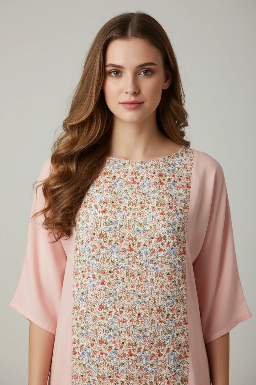 The Kaftan Company Nightwear Blush Pink Floral Panel Modal Nightdress