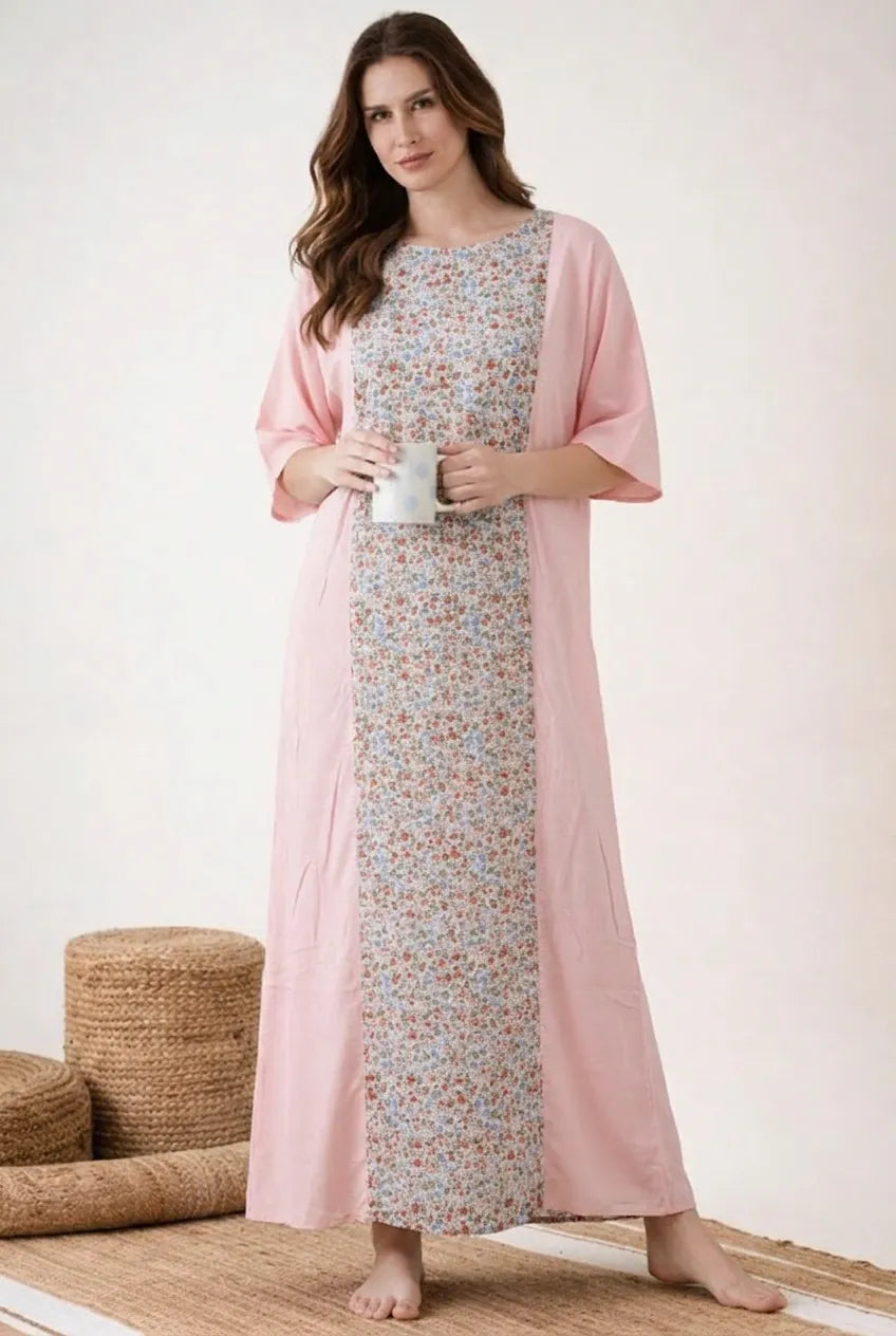 The Kaftan Company Nightwear Blush Pink Floral Panel Modal Nightdress