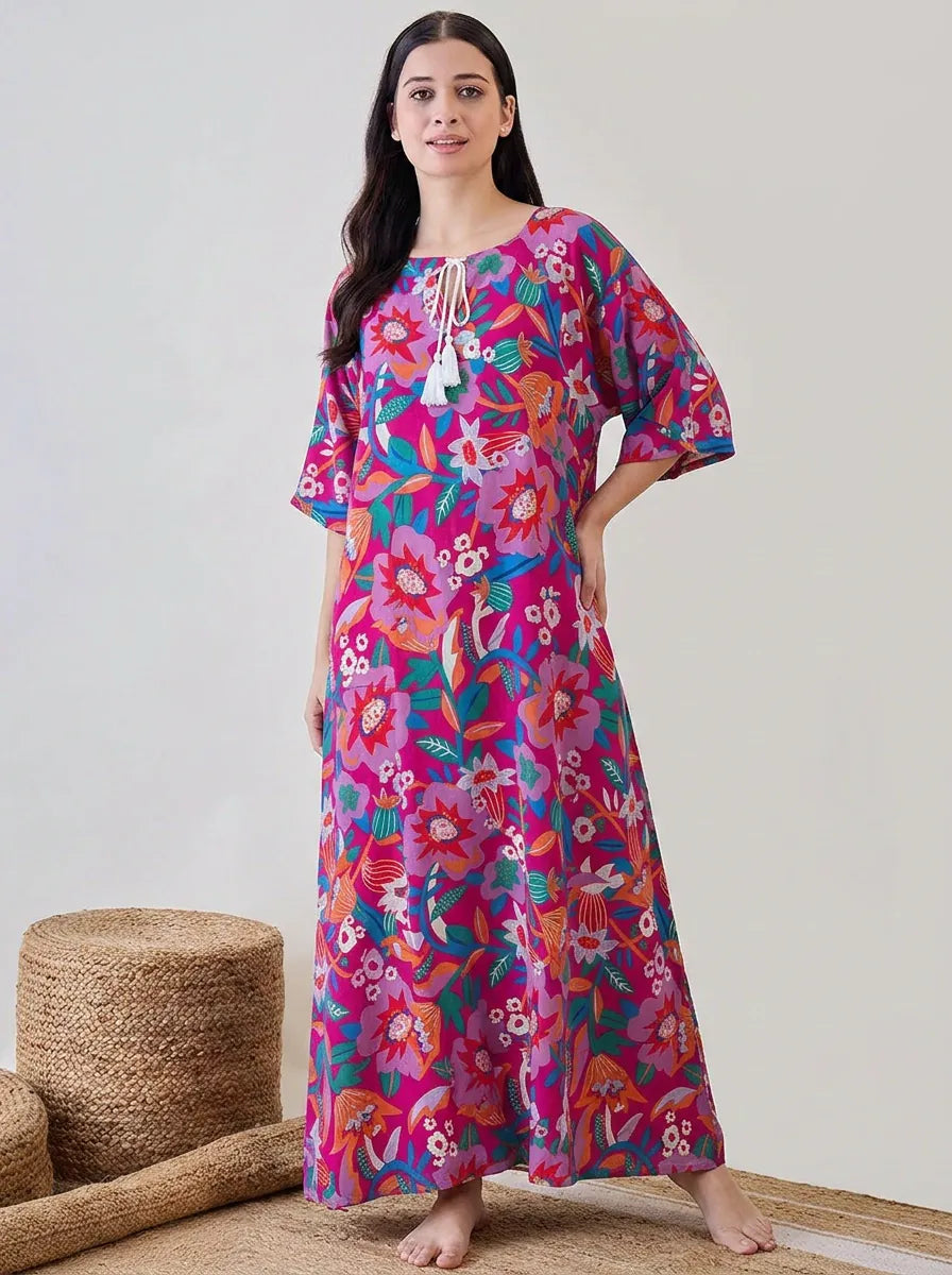 The Kaftan Company Nightwear Fuschia Bold Floral Print Viscose Nightdress