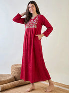 The Kaftan Company Nightwear Fuschia Floral Embroidered Yoke Modal Jacquard Nightdress
