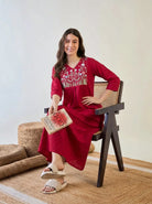 The Kaftan Company Nightwear Fuschia Floral Embroidered Yoke Modal Jacquard Nightdress