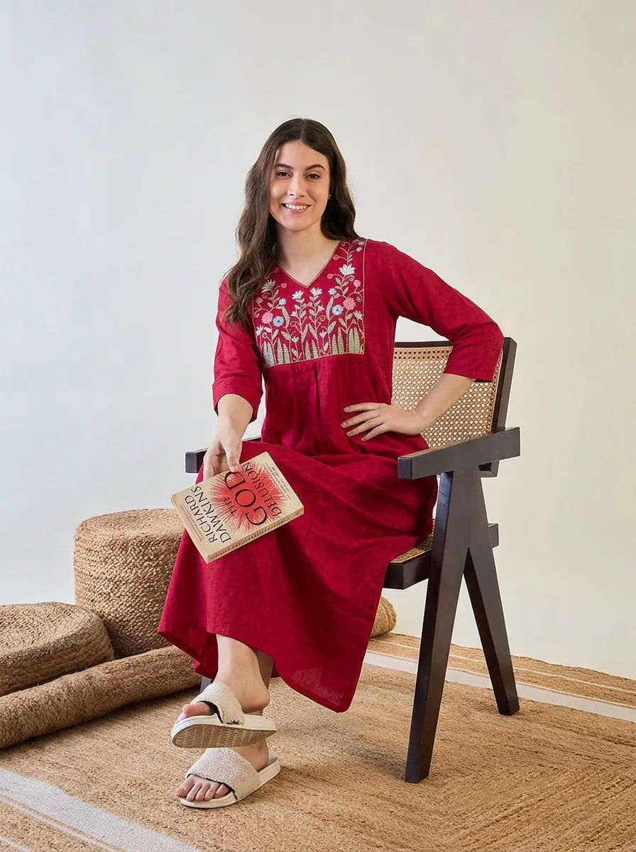 The Kaftan Company Nightwear Fuschia Floral Embroidered Yoke Modal Jacquard Nightdress