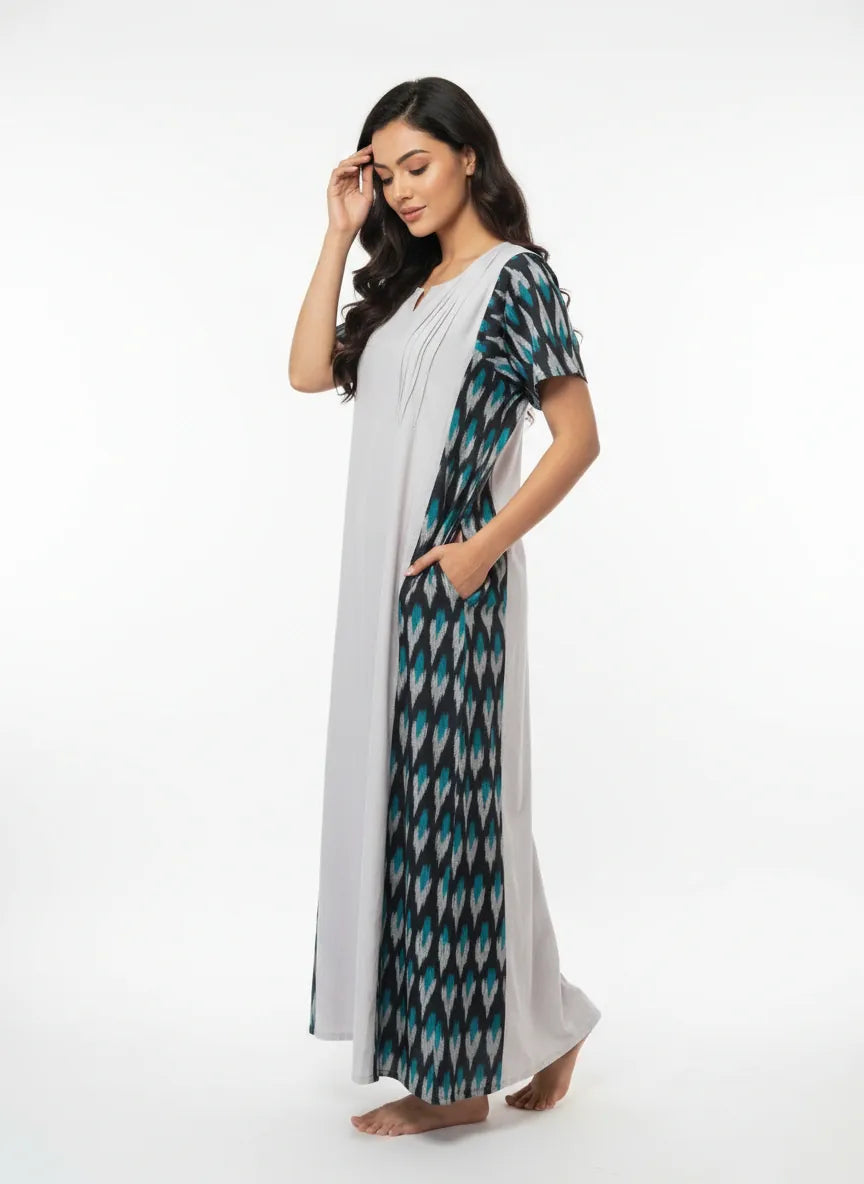The Kaftan Company Nightwear Grey Cotton Ikat Panel Nightdress