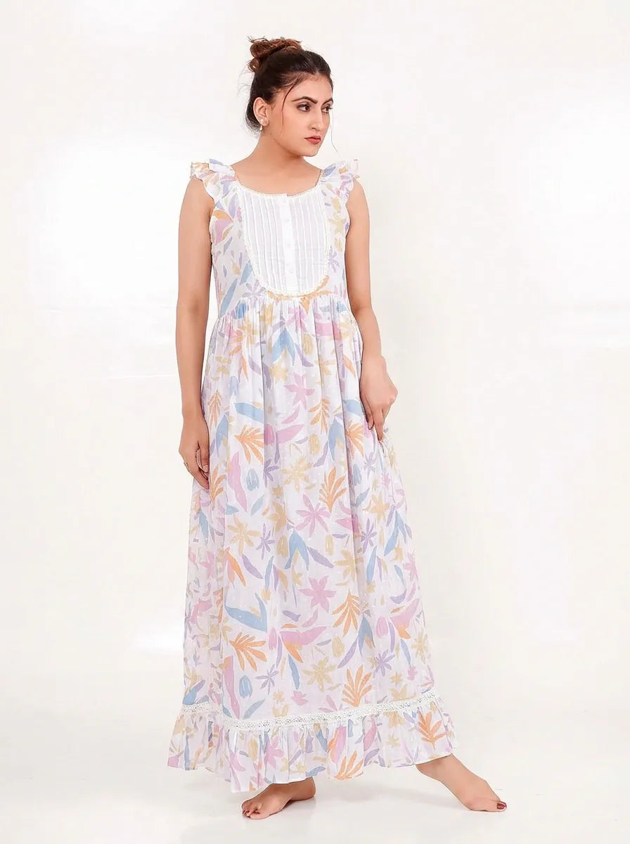 The Kaftan Company Nightwear Pastel Tropical Print Cotton Nightdress