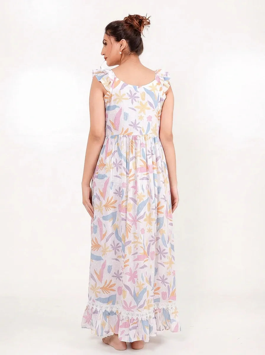 The Kaftan Company Nightwear Pastel Tropical Print Cotton Nightdress