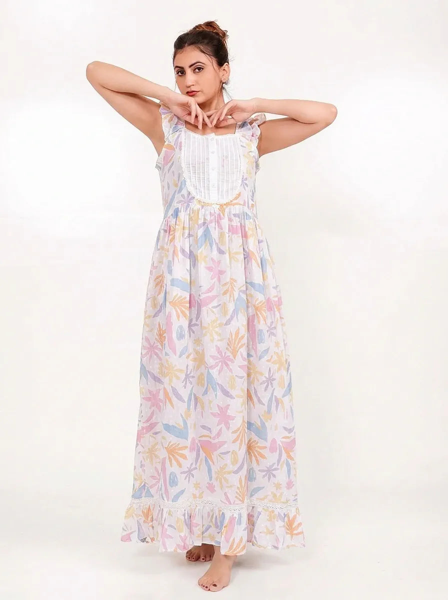 The Kaftan Company Nightwear Pastel Tropical Print Cotton Nightdress