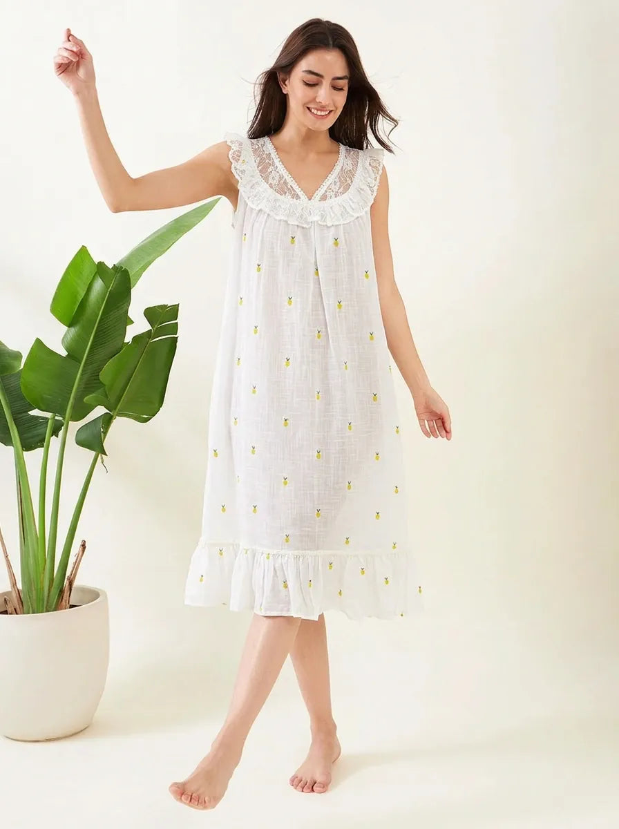 The Kaftan Company Nightwear Pineapple Ditsy White Cotton Nightdress
