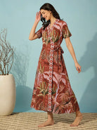 The Kaftan Company Nightwear Rust Tropical Leaf Print Cotton Sleep Gown