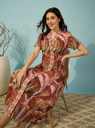 The Kaftan Company Nightwear Rust Tropical Leaf Print Cotton Sleep Gown