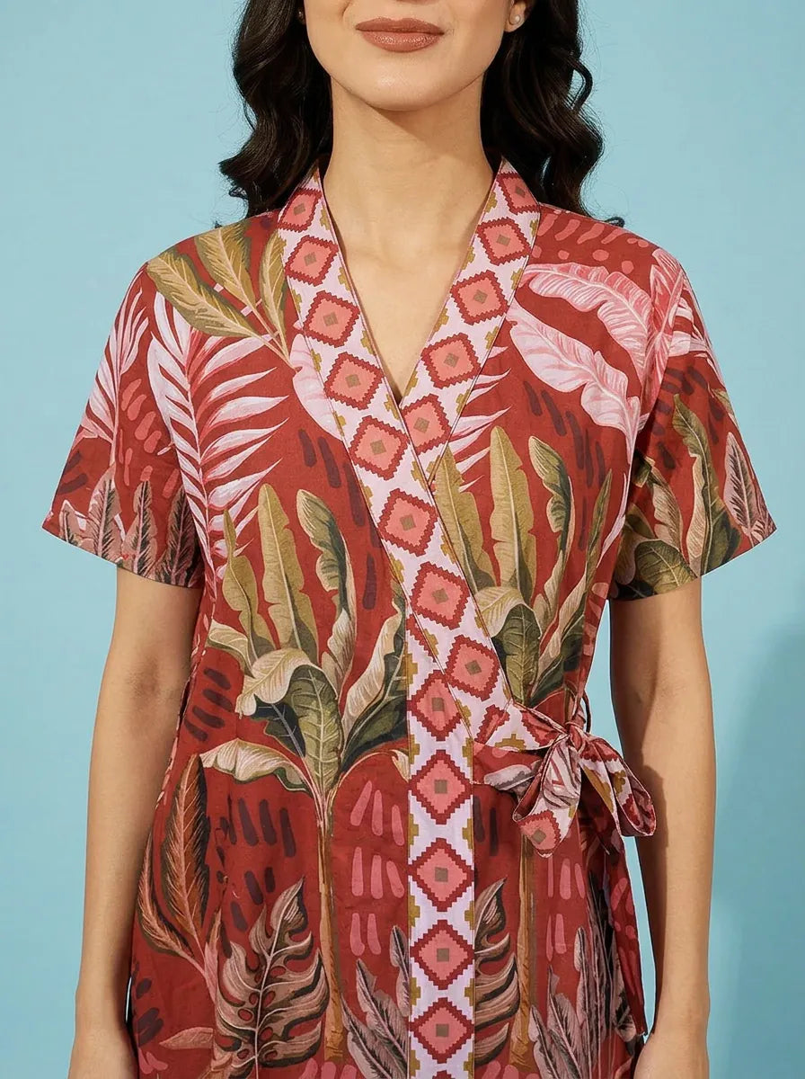 The Kaftan Company Nightwear Rust Tropical Leaf Print Cotton Sleep Gown