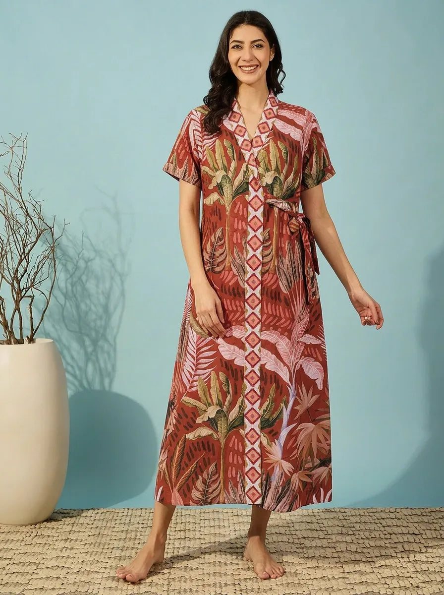 The Kaftan Company Nightwear Rust Tropical Leaf Print Cotton Sleep Gown