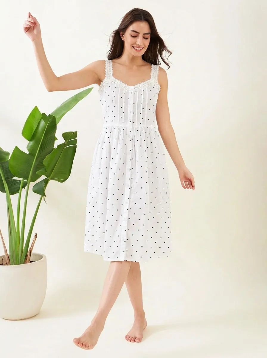 The Kaftan Company Nightwear White Heart Print Cotton Nightdress
