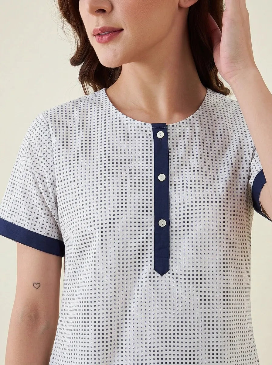 The Kaftan Company Nightwear White Navy Geometric Print Cotton Nightdress