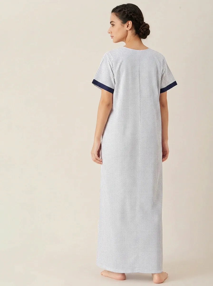 The Kaftan Company Nightwear White Navy Geometric Print Cotton Nightdress