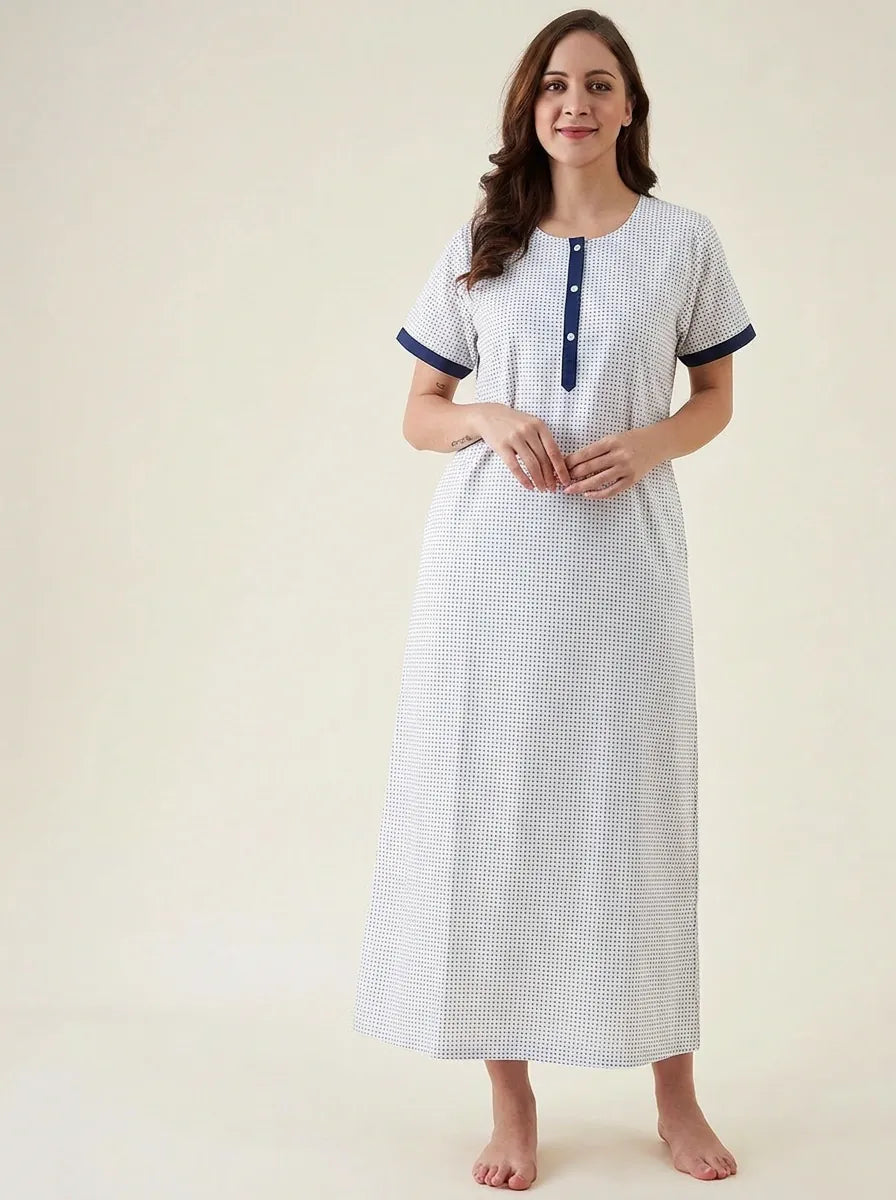 The Kaftan Company Nightwear White Navy Geometric Print Cotton Nightdress