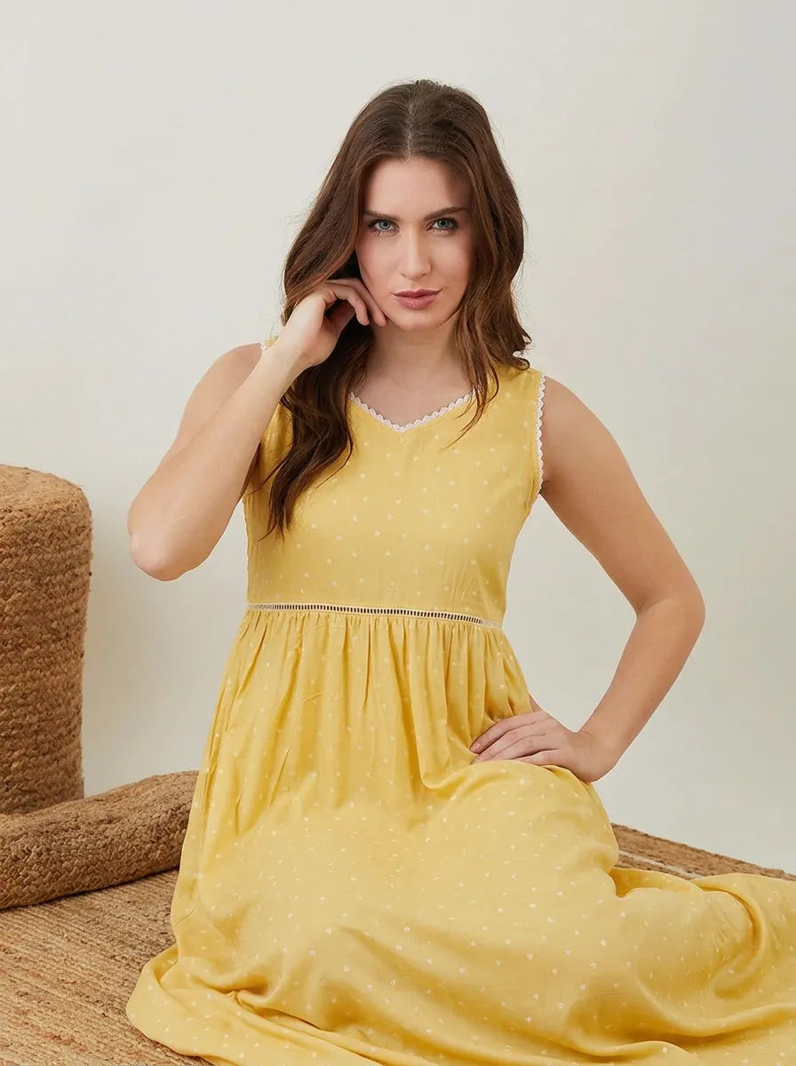 The Kaftan Company Nightwear Yellow Heart Print Modal Nightdress
