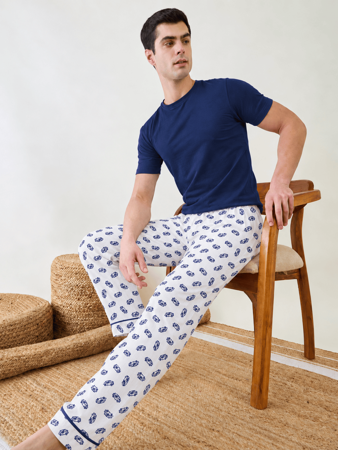 The Kaftan Company Pyjama Men's White Printed Cotton Pyjamas with Navy Piping