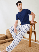 The Kaftan Company Pyjama Men's White Printed Cotton Pyjamas with Navy Piping