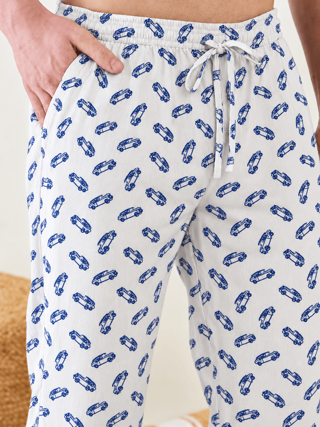 The Kaftan Company Pyjama Men's White Printed Cotton Pyjamas with Navy Piping