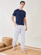 The Kaftan Company Pyjama Men's White Printed Cotton Pyjamas with Navy Piping