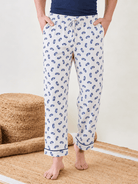 The Kaftan Company Pyjama Men's White Printed Cotton Pyjamas with Navy Piping