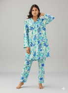 The Kaftan Company Pyjama Set Aqua Blue Tropical Floral Viscose Rayon Nightsuit Set