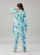 The Kaftan Company Pyjama Set Aqua Blue Tropical Floral Viscose Rayon Nightsuit Set