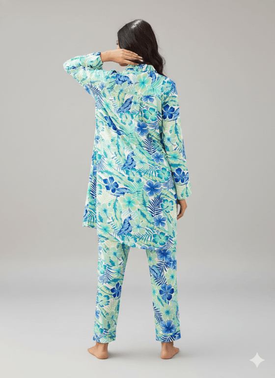 The Kaftan Company Pyjama Set Aqua Blue Tropical Floral Viscose Rayon Nightsuit Set