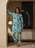 The Kaftan Company Pyjama Set Aqua Blue Tropical Floral Viscose Rayon Nightsuit Set