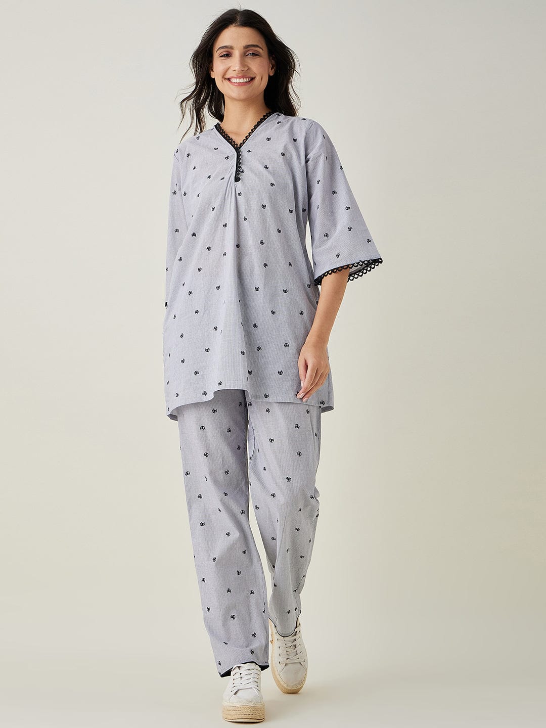 The Kaftan Company Pyjama Set Black and white Purrfectly Chic Cat Coord set