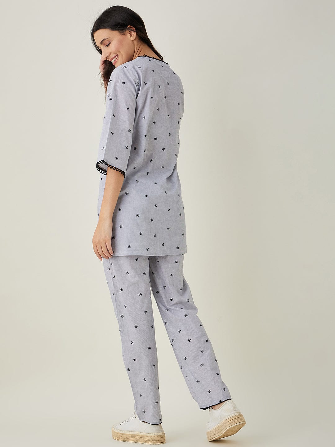 The Kaftan Company Pyjama Set Black and white Purrfectly Chic Cat Coord set