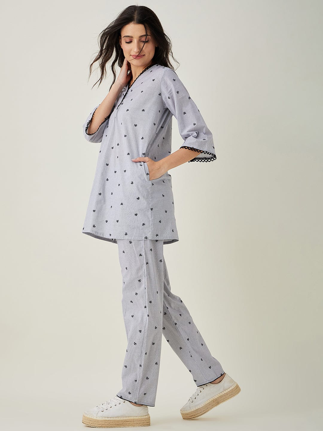 The Kaftan Company Pyjama Set Black and white Purrfectly Chic Cat Coord set