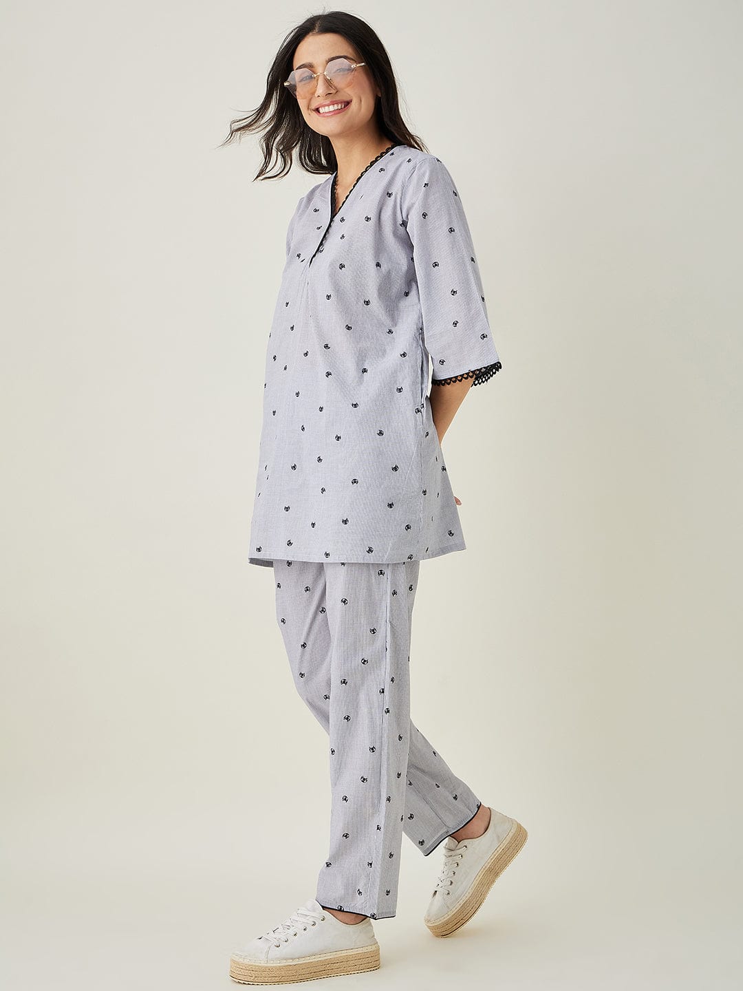 The Kaftan Company Pyjama Set Black and white Purrfectly Chic Cat Coord set