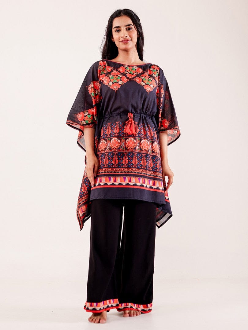 The Kaftan Company Pyjama Set Black Ethnic Printed Viscose Nightwear Pyjama Set