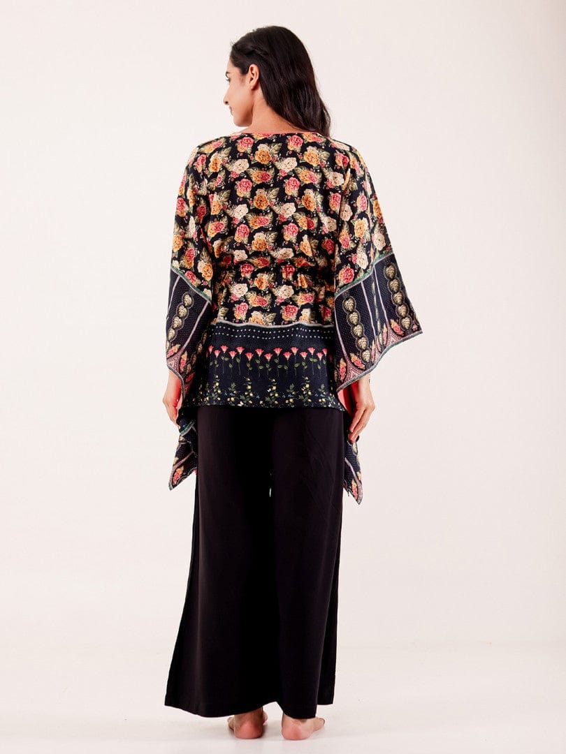 The Kaftan Company Pyjama Set Black Floral Printed Viscose Nightwear Pyjama Set