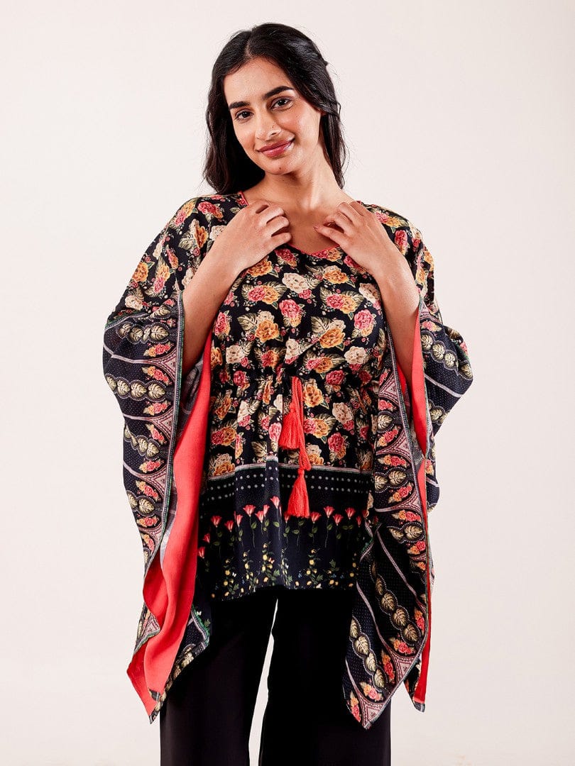 The Kaftan Company Pyjama Set Black Floral Printed Viscose Nightwear Pyjama Set