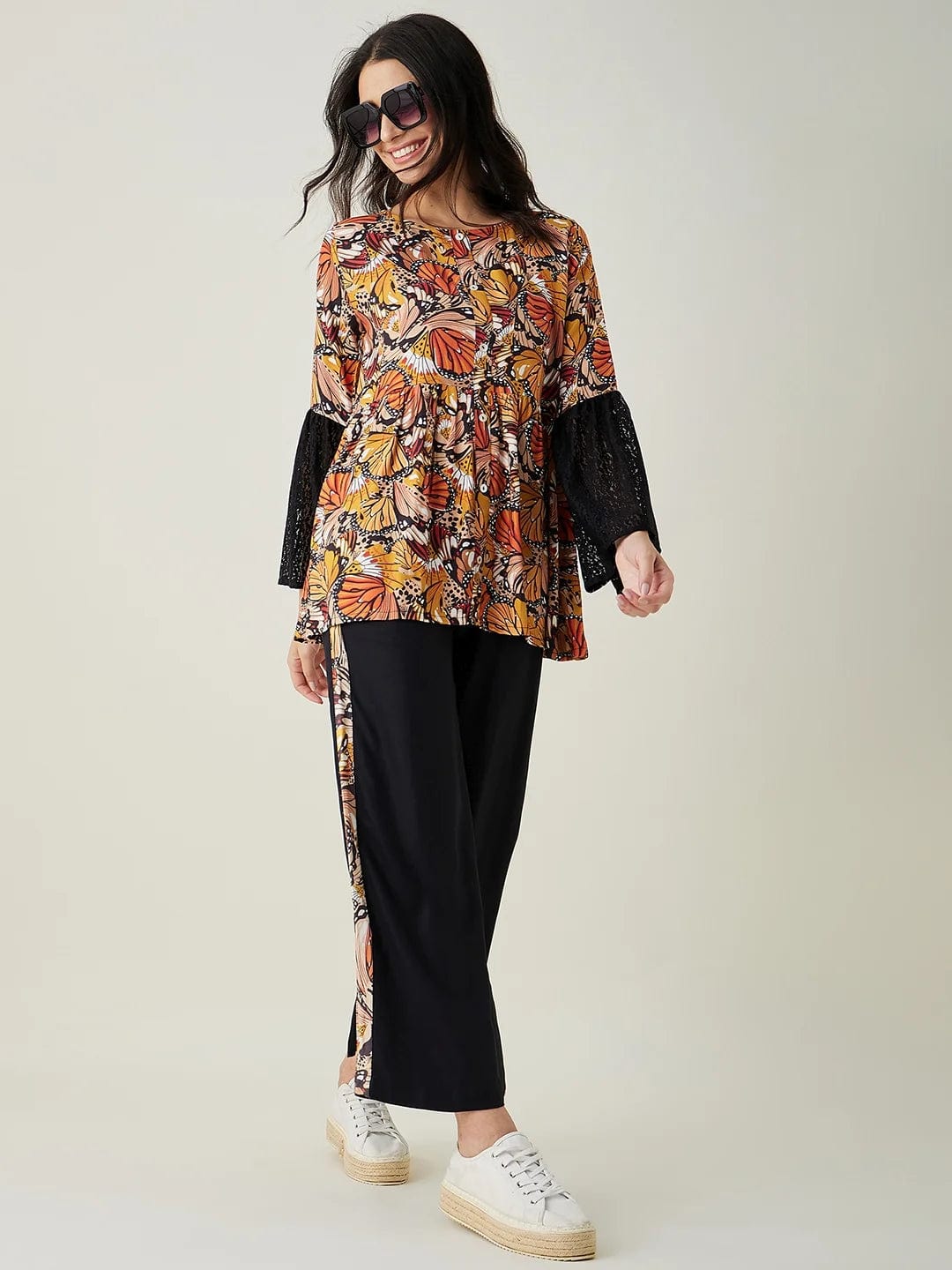 The Kaftan Company Pyjama Set Black Flutter Printed Co-ord Set