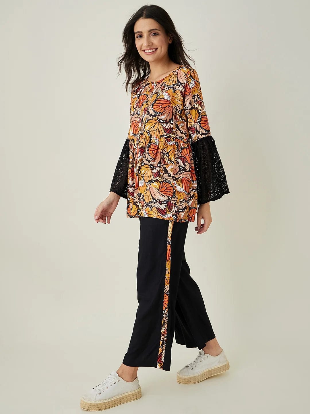 The Kaftan Company Pyjama Set Black Flutter Printed Co-ord Set